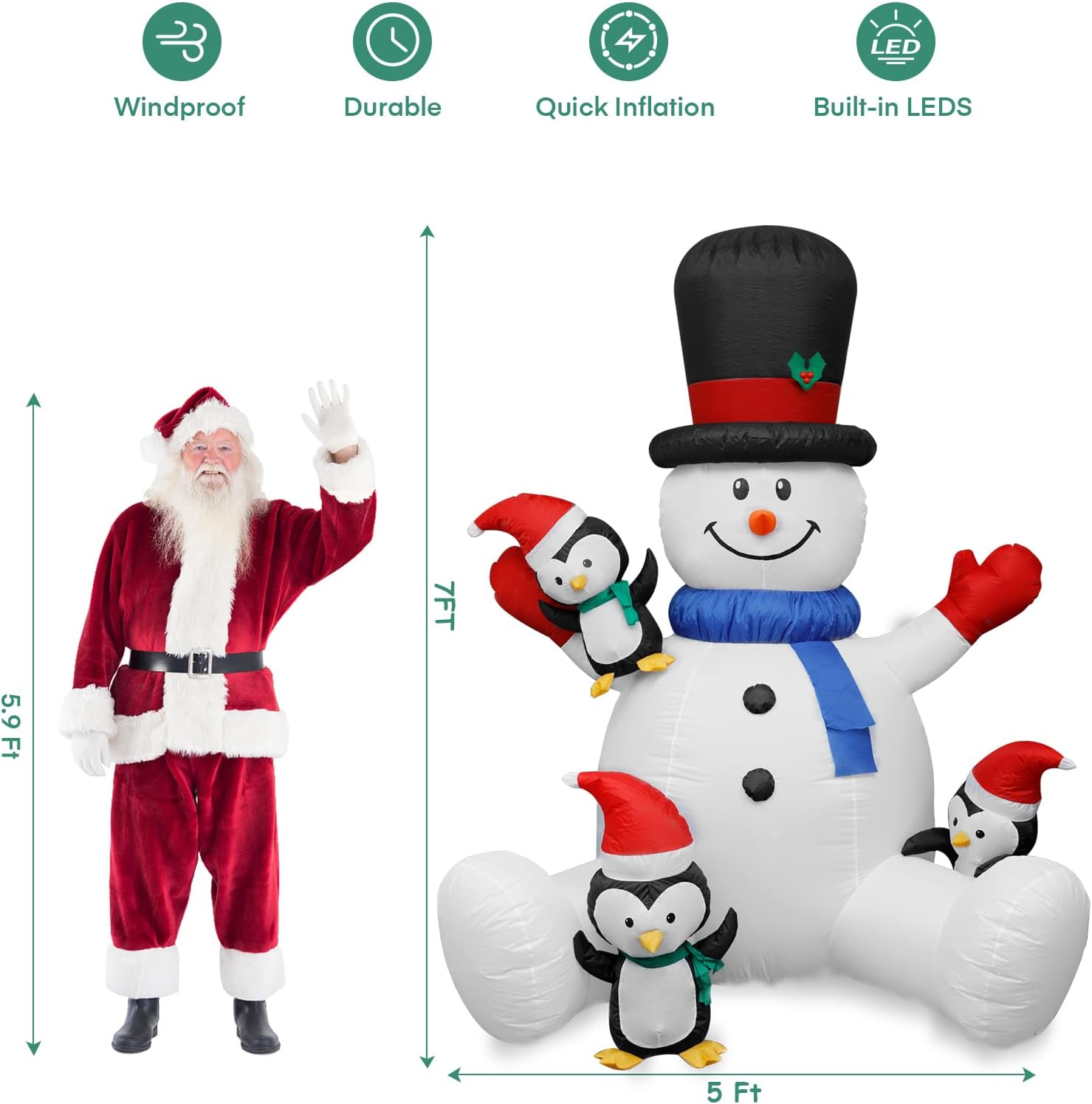 7Ft Christmas Inflatable Seated Snowman with 3 Penguins,Built-in Colorful Rotating RGB LED Lights,Xmas Inflatable Outdoor Decorations for Patio Lawn Yard Garden