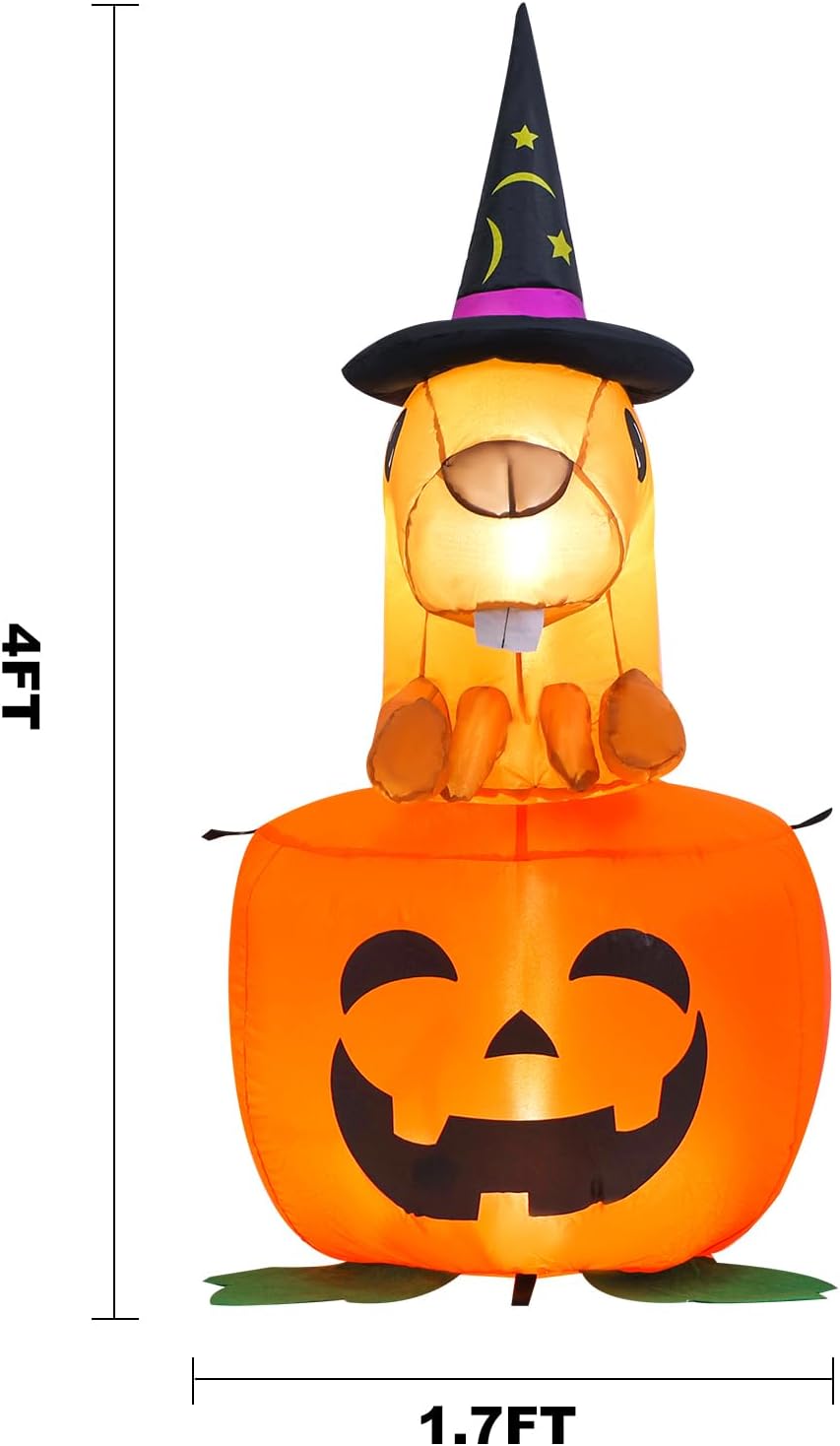 4 ft. Witch Beaver Sitting Pumpkin Halloween Inflatable Outdoor Decoration, Yard Decorations with LED Lights for Outdoor Lawn, Garden, Home Holiday Party