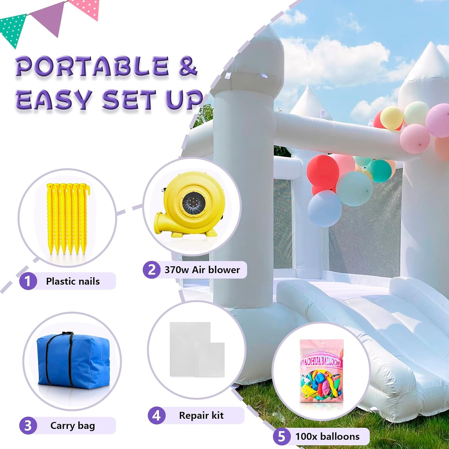 White Bounce House Indoor Outdoor Bouncy Castle for Kids 2-8 Oxford Toddler Bounce House with Slide Balloon & Blower,103 x 71 x 90 inch,Children's Birthday Party Easter Party Gifts