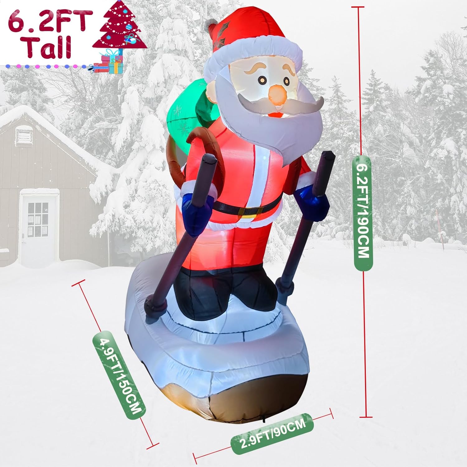 6.2FT Christmas Inflatable Santa Claus Outdoor Decoration, Built-in LED Lights Blow Up Skiing Santa Claus, Santa with Snowboard Inflatable Decor for Xmas Yard Outdoor Indoor Lawn Garden Party
