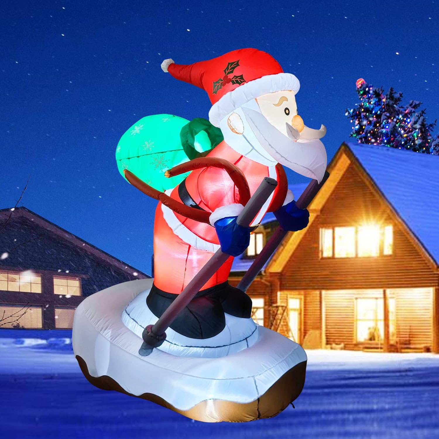 6.2FT Christmas Inflatable Santa Claus Outdoor Decoration, Built-in LED Lights Blow Up Skiing Santa Claus, Santa with Snowboard Inflatable Decor for Xmas Yard Outdoor Indoor Lawn Garden Party