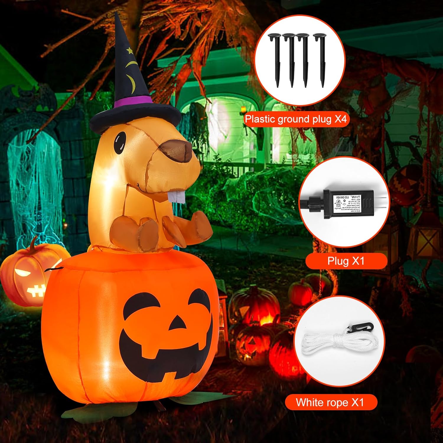 4 ft. Witch Beaver Sitting Pumpkin Halloween Inflatable Outdoor Decoration, Yard Decorations with LED Lights for Outdoor Lawn, Garden, Home Holiday Party