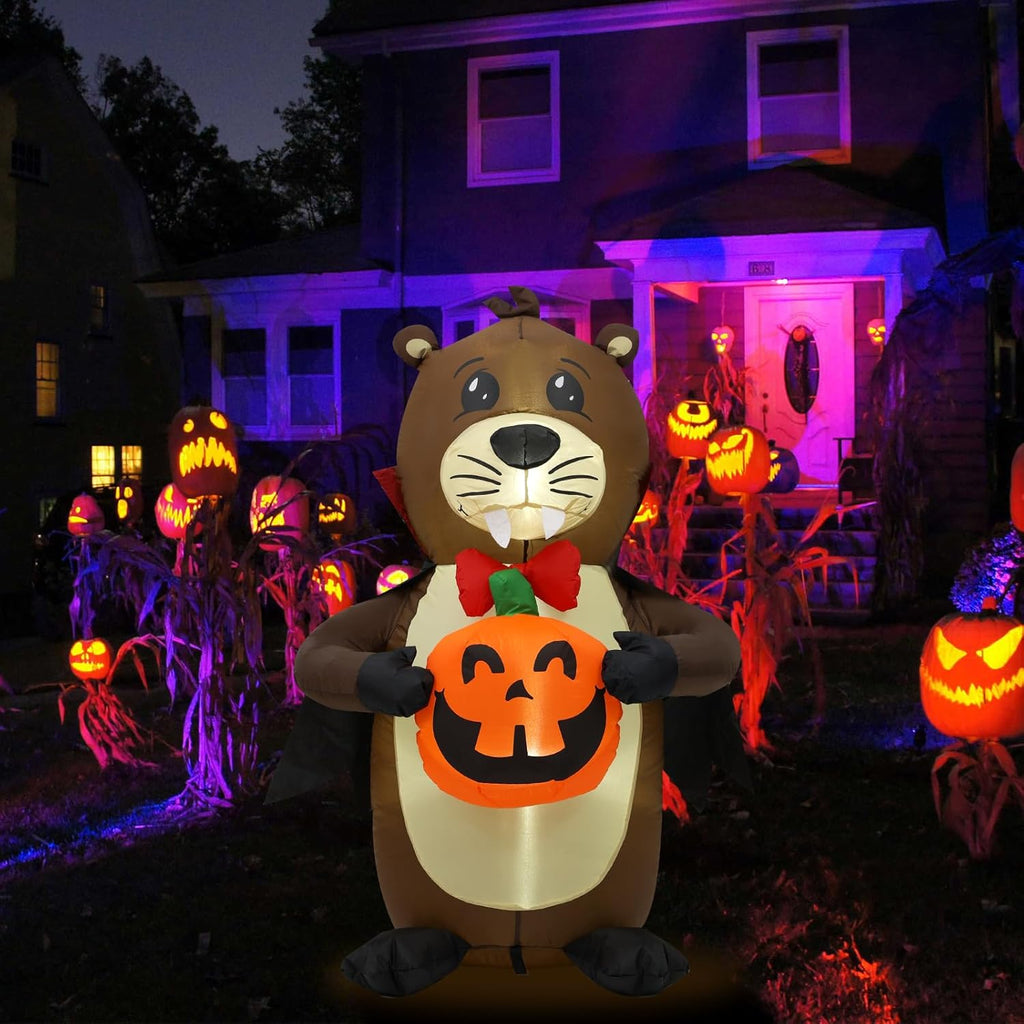 4 ft. Witch Beaver Sitting Pumpkin Halloween Inflatable Outdoor Decoration, Yard Decorations with LED Lights for Outdoor Lawn, Garden, Home Holiday Party