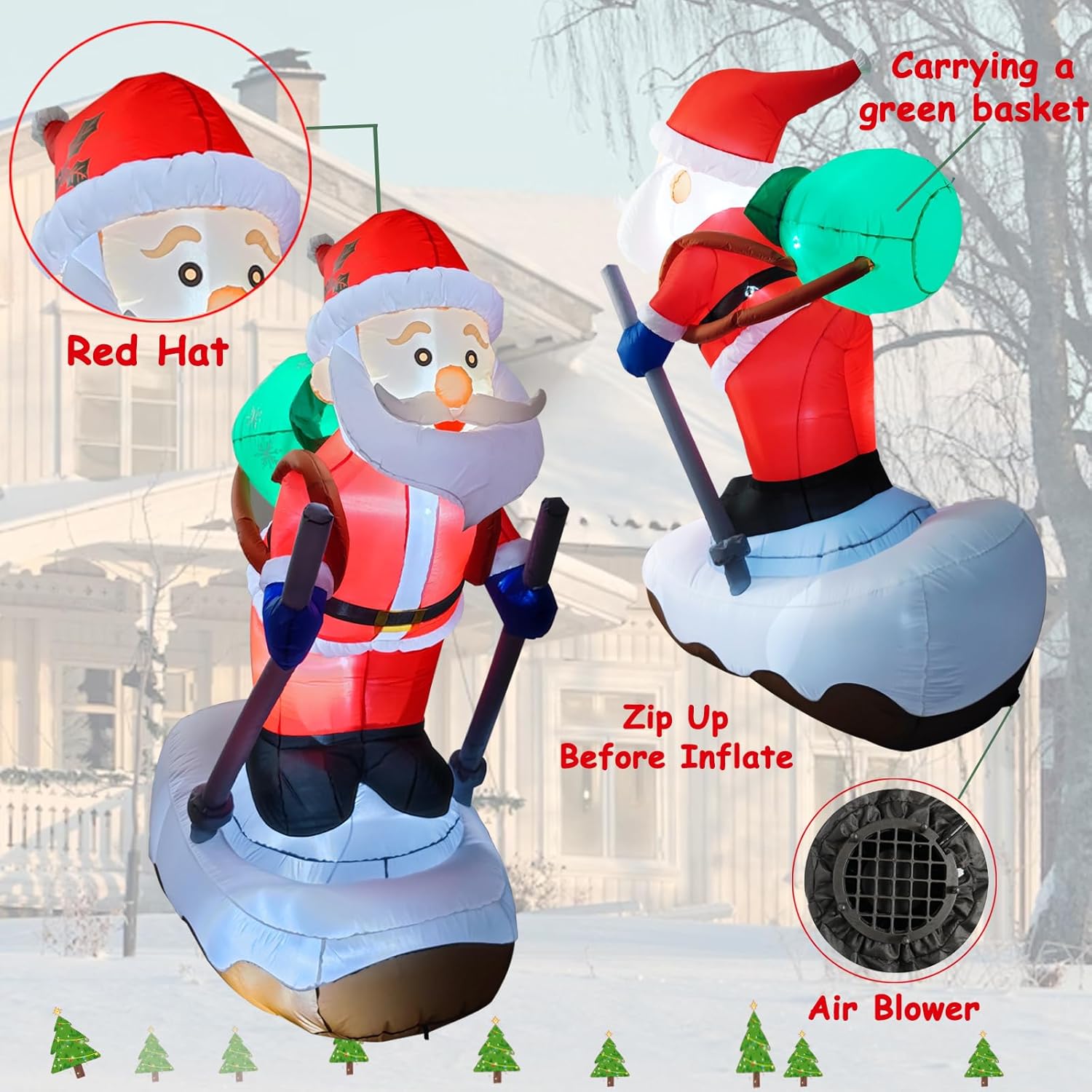 6.2FT Christmas Inflatable Santa Claus Outdoor Decoration, Built-in LED Lights Blow Up Skiing Santa Claus, Santa with Snowboard Inflatable Decor for Xmas Yard Outdoor Indoor Lawn Garden Party