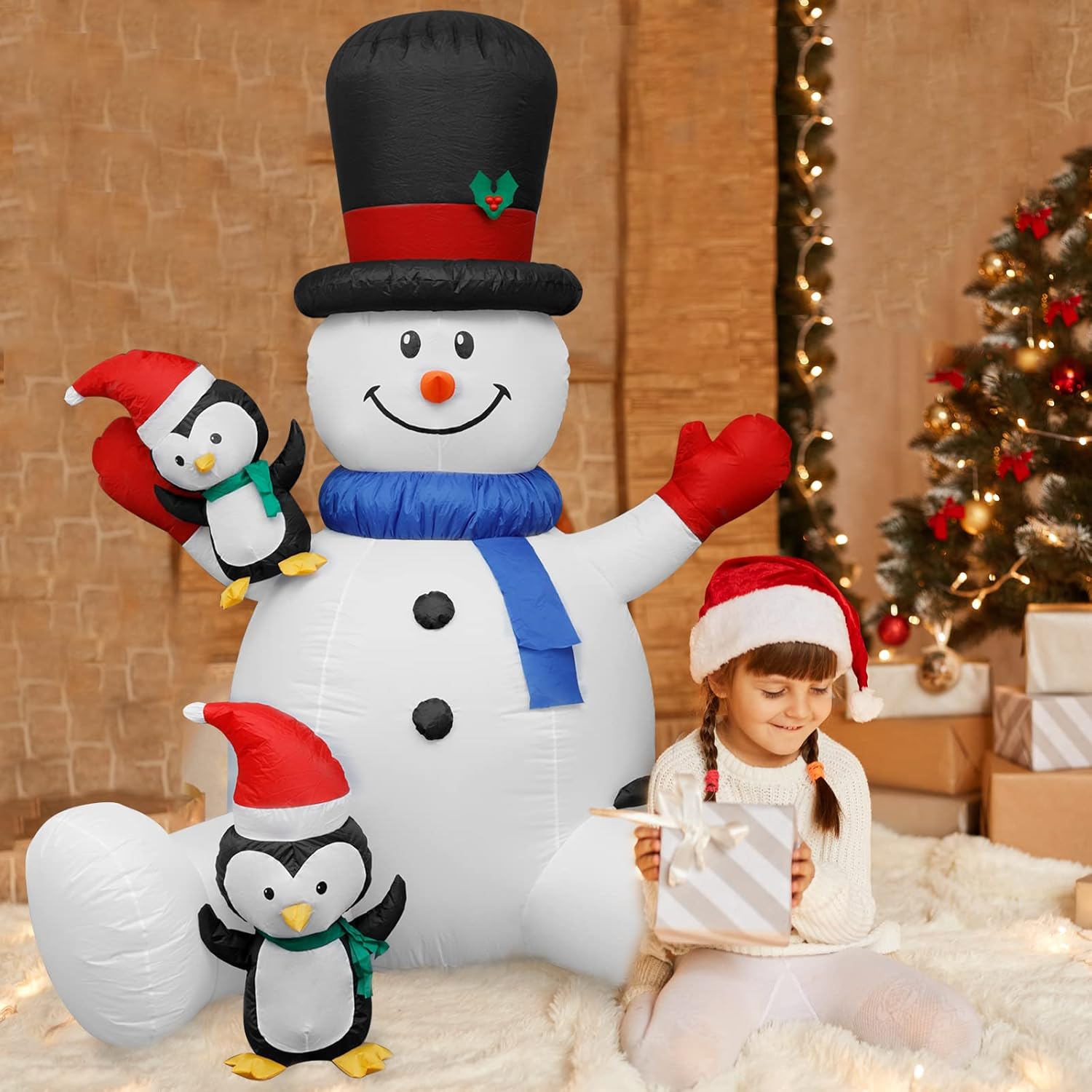7Ft Christmas Inflatable Seated Snowman with 3 Penguins,Built-in Colorful Rotating RGB LED Lights,Xmas Inflatable Outdoor Decorations for Patio Lawn Yard Garden