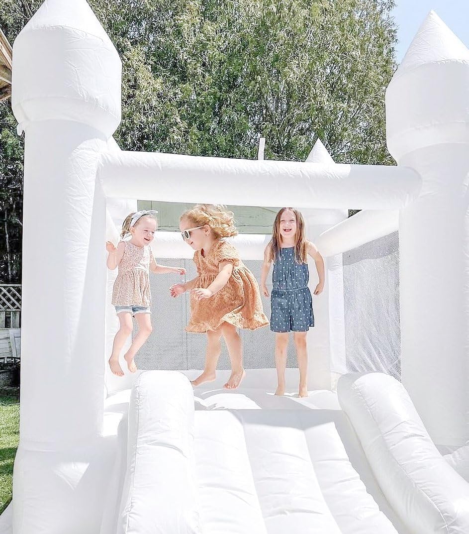 White Bounce House Indoor Outdoor Bouncy Castle for Kids 2-8 Oxford Toddler Bounce House with Slide Balloon & Blower,103 x 71 x 90 inch,Children's Birthday Party Easter Party Gifts