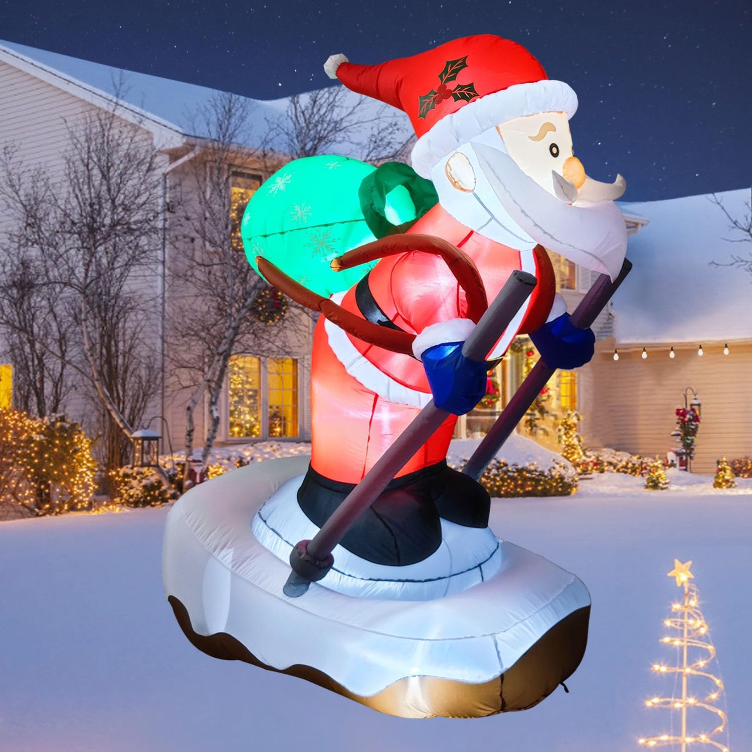 6.2FT Christmas Inflatable Santa Claus Outdoor Decoration, Built-in LED Lights Blow Up Skiing Santa Claus, Santa with Snowboard Inflatable Decor for Xmas Yard Outdoor Indoor Lawn Garden Party