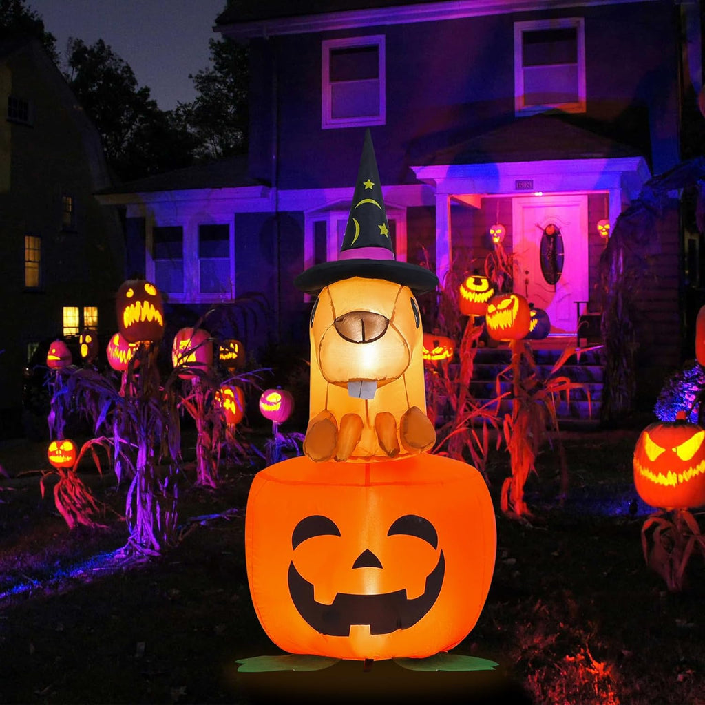 4 ft. Witch Beaver Sitting Pumpkin Halloween Inflatable Outdoor Decoration, Yard Decorations with LED Lights for Outdoor Lawn, Garden, Home Holiday Party