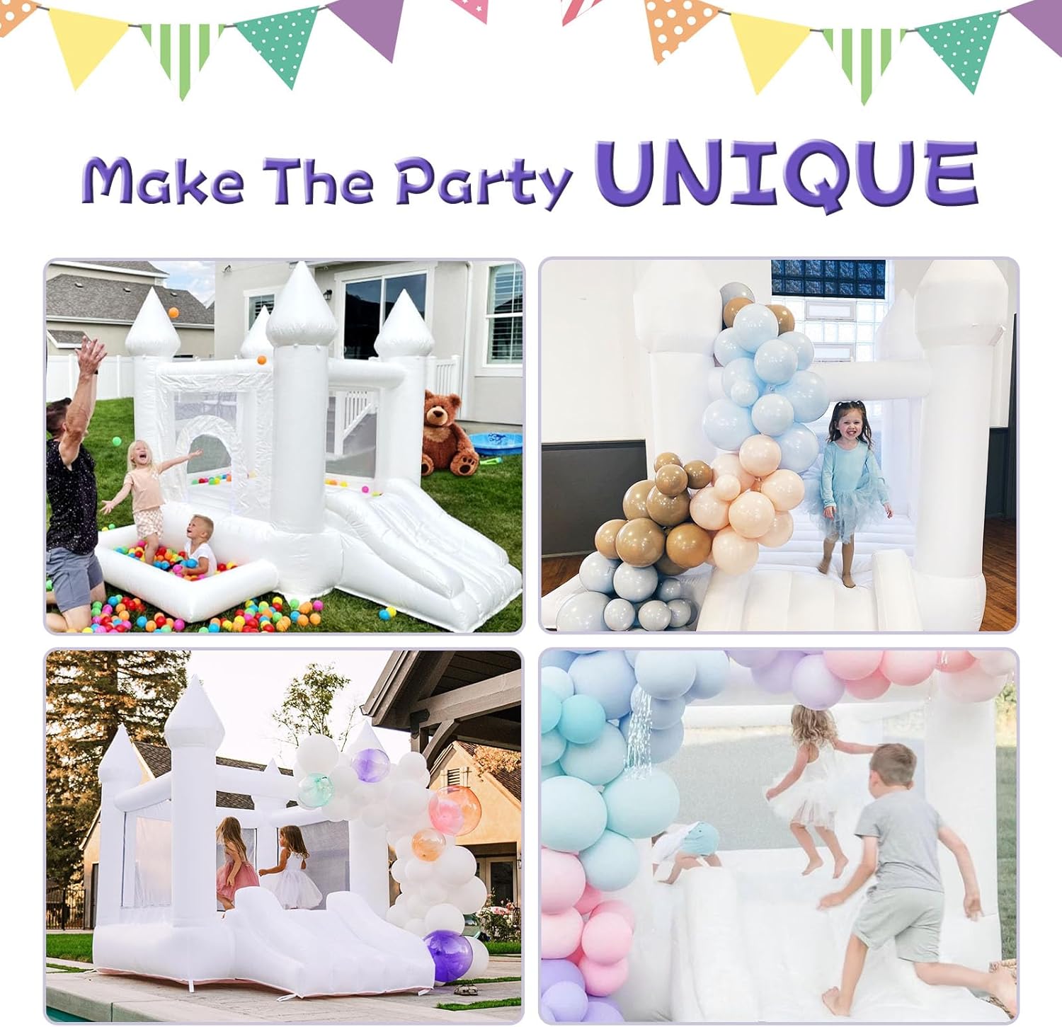 White Bounce House Indoor Outdoor Bouncy Castle for Kids 2-8 Oxford Toddler Bounce House with Slide Balloon & Blower,103 x 71 x 90 inch,Children's Birthday Party Easter Party Gifts