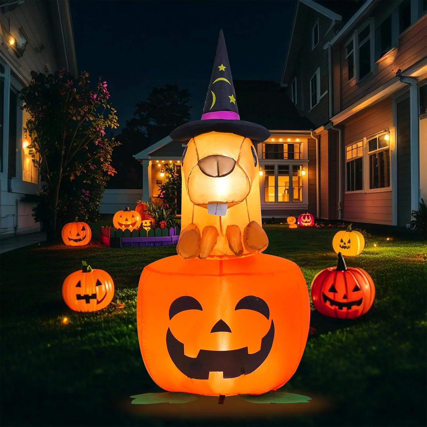 4 ft. Witch Beaver Sitting Pumpkin Halloween Inflatable Outdoor Decoration, Yard Decorations with LED Lights for Outdoor Lawn, Garden, Home Holiday Party