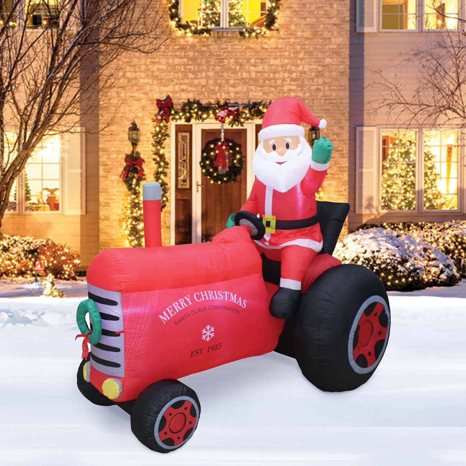 6 ft Vintage Tractor Inflatable Decoration with Santa Claus – Christmas Yard Decor for Indoor/Outdoor Use – Weather Resistant, Self-Inflating, Lights Included