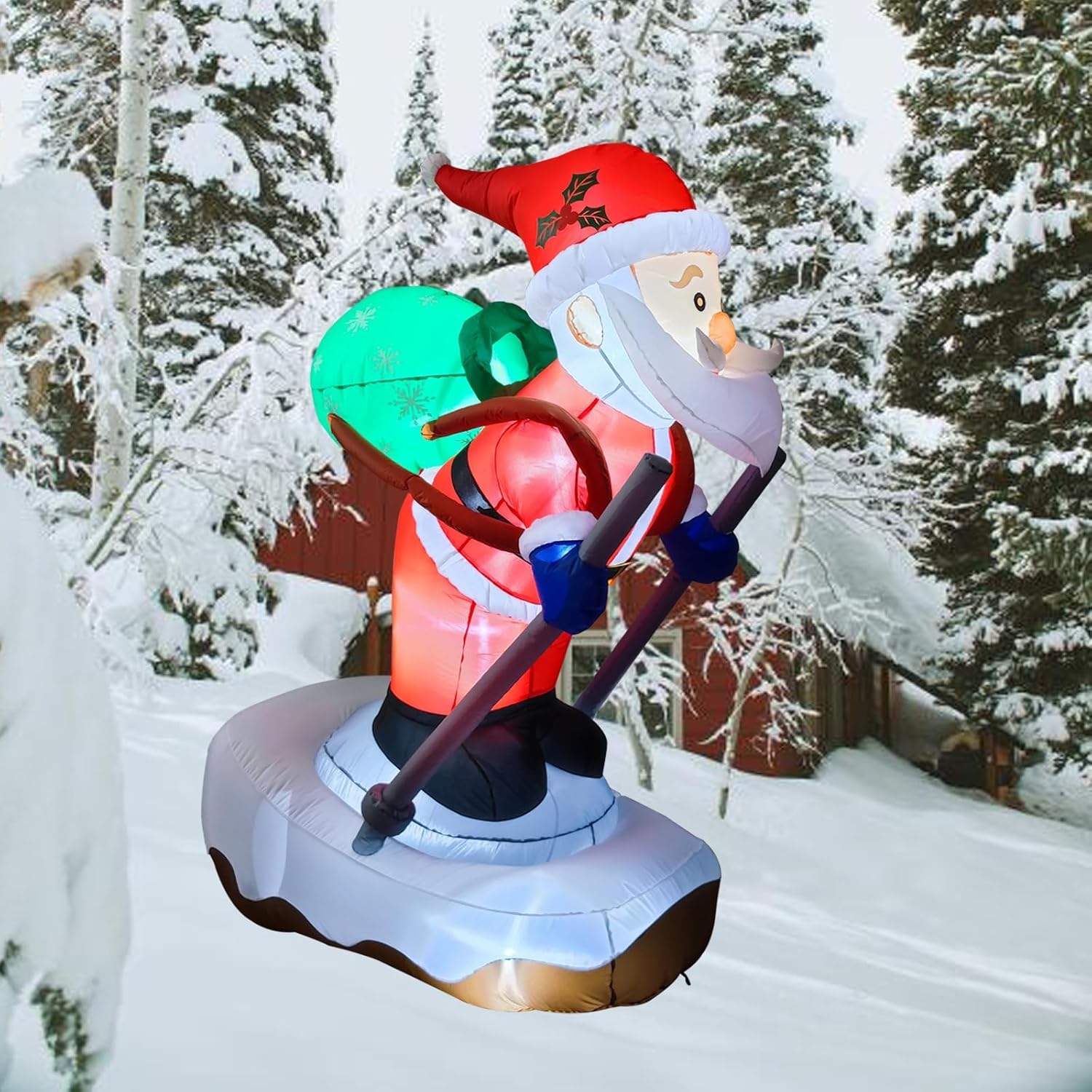 6.2FT Christmas Inflatable Santa Claus Outdoor Decoration, Built-in LED Lights Blow Up Skiing Santa Claus, Santa with Snowboard Inflatable Decor for Xmas Yard Outdoor Indoor Lawn Garden Party