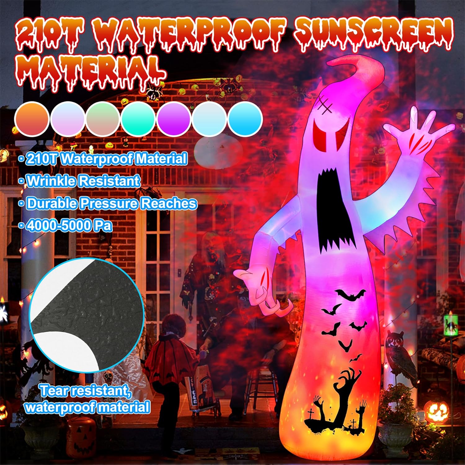 12Ft Halloween Inflatables Giant Ghost Outdoor Decorations Blow Up Decoration with Colorful Flashing, 2 Flame Light for Garden/Home/Holiday/Party/Yard/Lawn