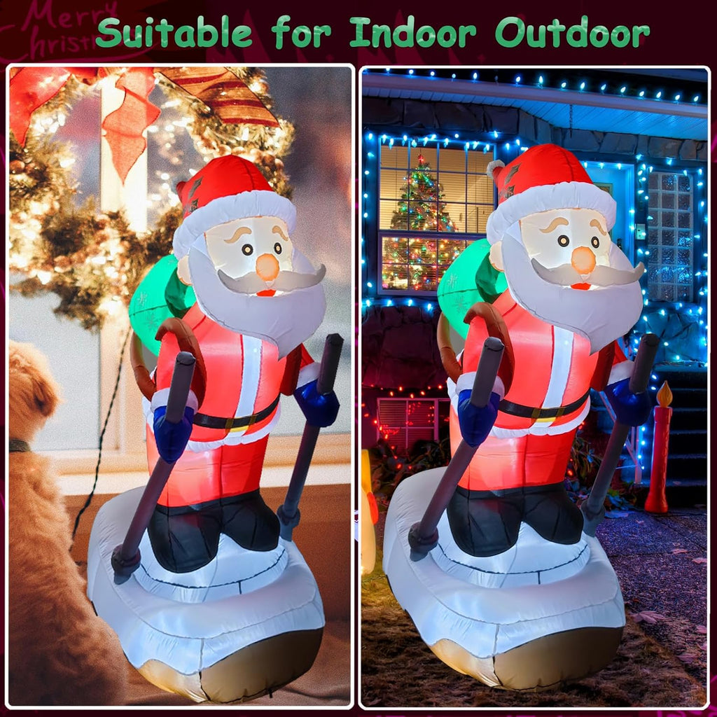 6.2FT Christmas Inflatable Santa Claus Outdoor Decoration, Built-in LED Lights Blow Up Skiing Santa Claus, Santa with Snowboard Inflatable Decor for Xmas Yard Outdoor Indoor Lawn Garden Party
