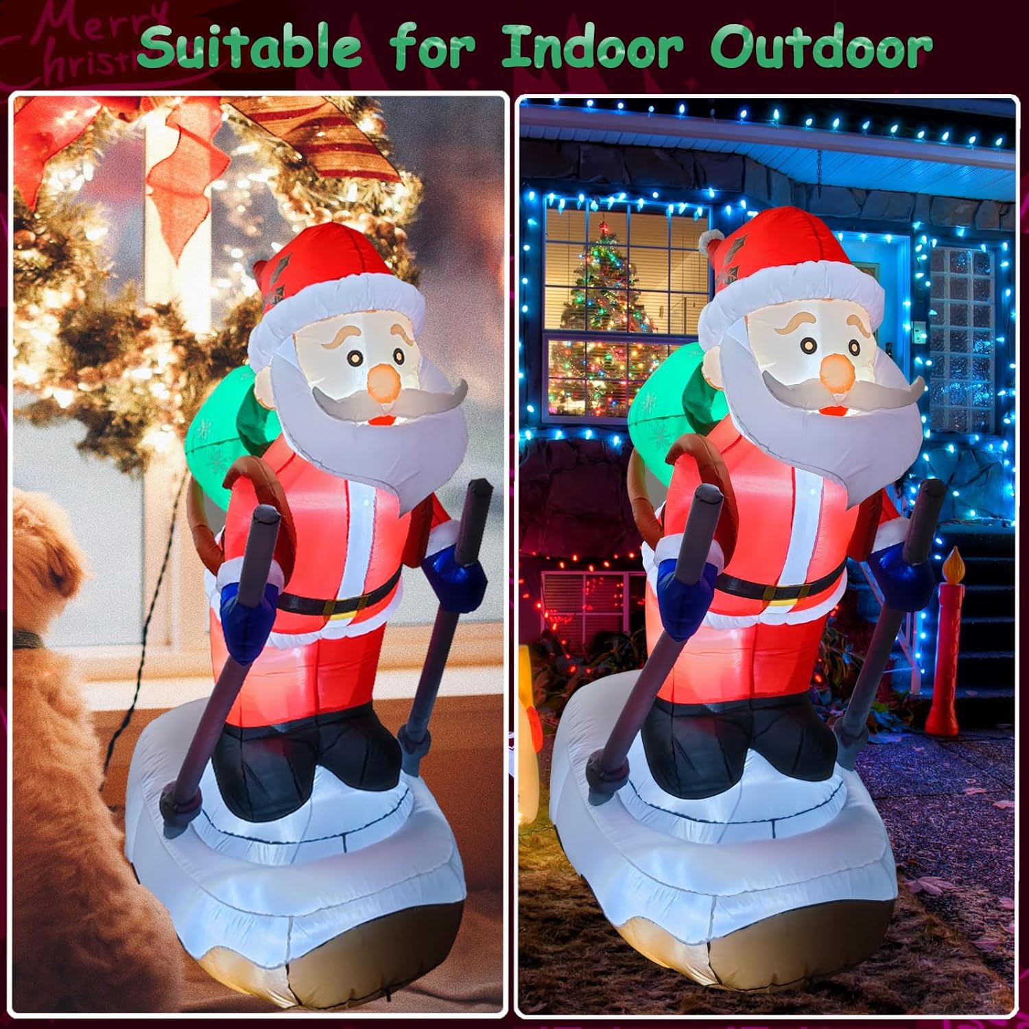 6.2FT Christmas Inflatable Santa Claus Outdoor Decoration, Built-in LED Lights Blow Up Skiing Santa Claus, Santa with Snowboard Inflatable Decor for Xmas Yard Outdoor Indoor Lawn Garden Party