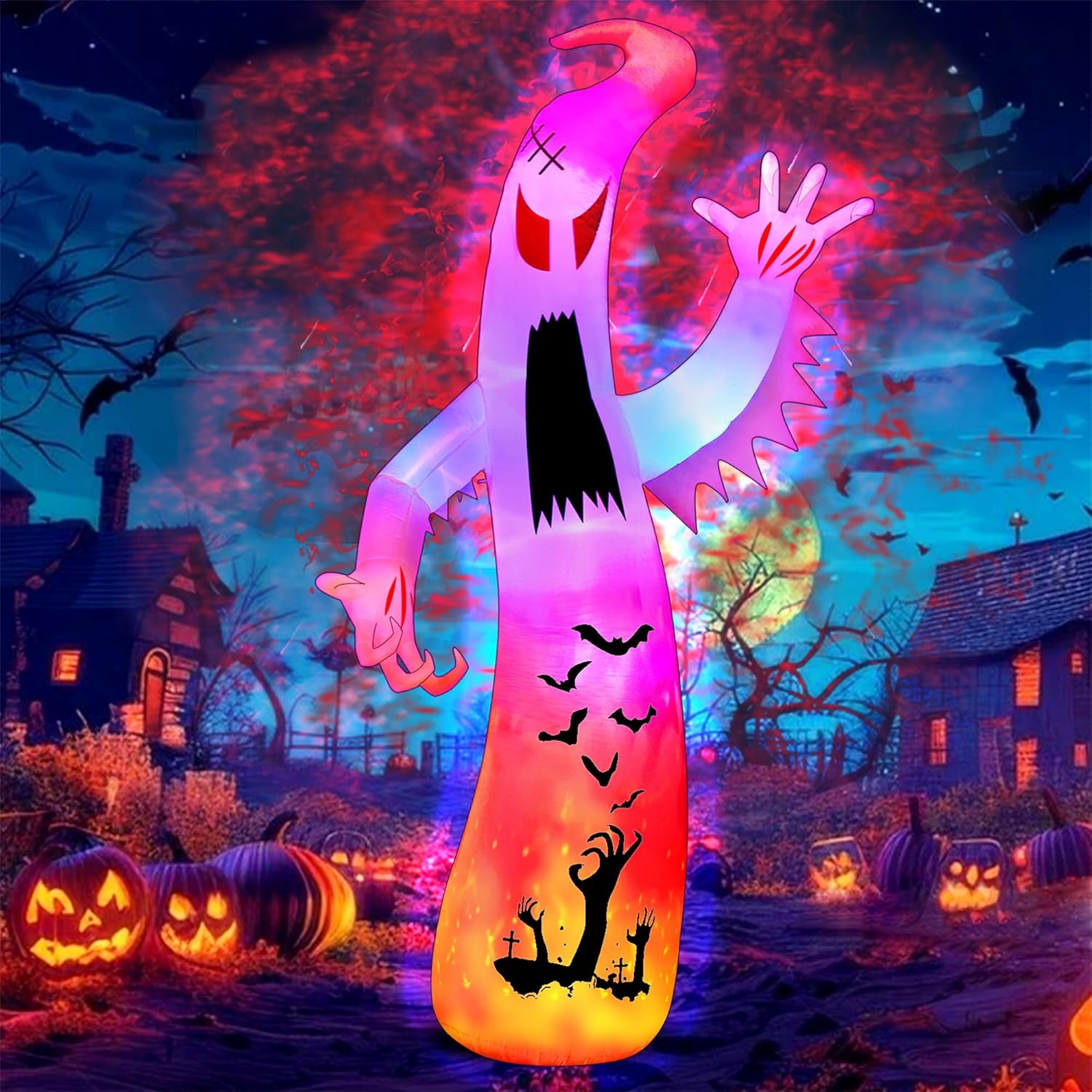 12Ft Halloween Inflatables Giant Ghost Outdoor Decorations Blow Up Decoration with Colorful Flashing, 2 Flame Light for Garden/Home/Holiday/Party/Yard/Lawn