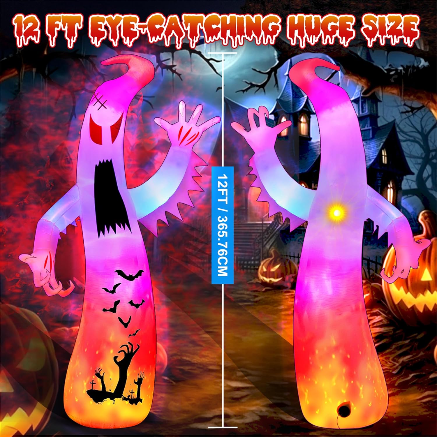 12Ft Halloween Inflatables Giant Ghost Outdoor Decorations Blow Up Decoration with Colorful Flashing, 2 Flame Light for Garden/Home/Holiday/Party/Yard/Lawn