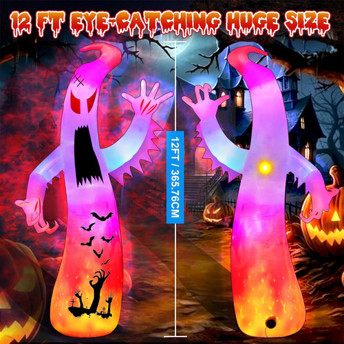 12Ft Halloween Inflatables Giant Ghost Outdoor Decorations Blow Up Decoration with Colorful Flashing, 2 Flame Light for Garden/Home/Holiday/Party/Yard/Lawn