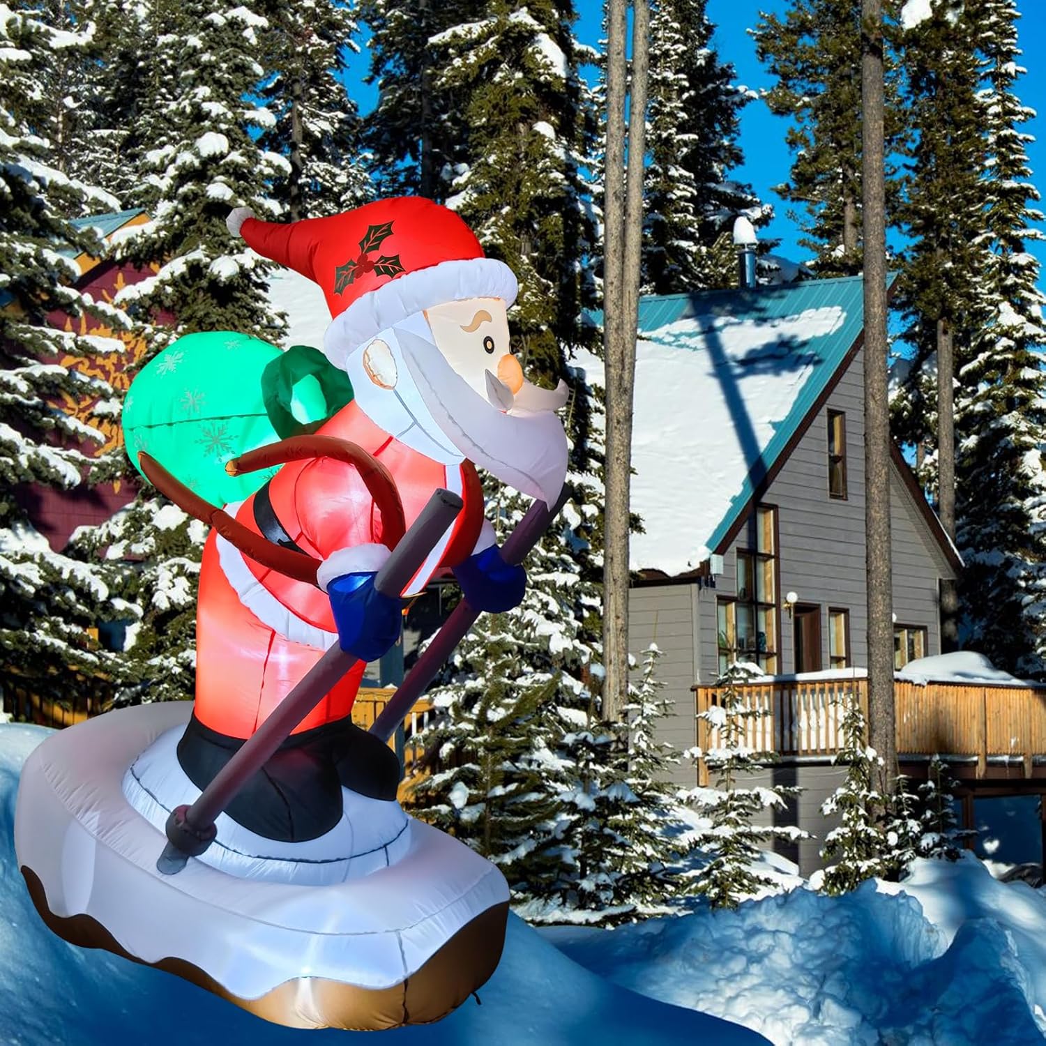 6.2FT Christmas Inflatable Santa Claus Outdoor Decoration, Built-in LED Lights Blow Up Skiing Santa Claus, Santa with Snowboard Inflatable Decor for Xmas Yard Outdoor Indoor Lawn Garden Party