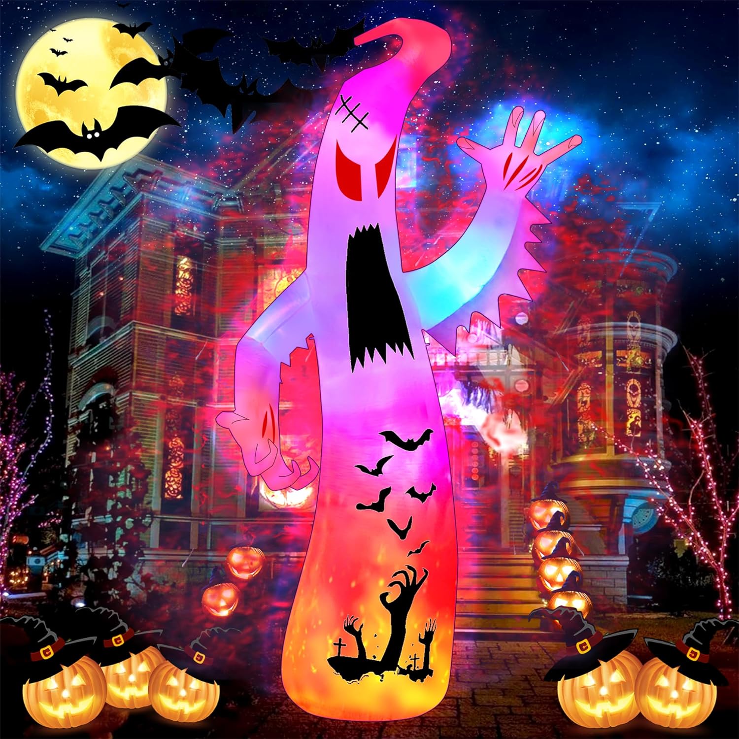 12Ft Halloween Inflatables Giant Ghost Outdoor Decorations Blow Up Decoration with Colorful Flashing, 2 Flame Light for Garden/Home/Holiday/Party/Yard/Lawn