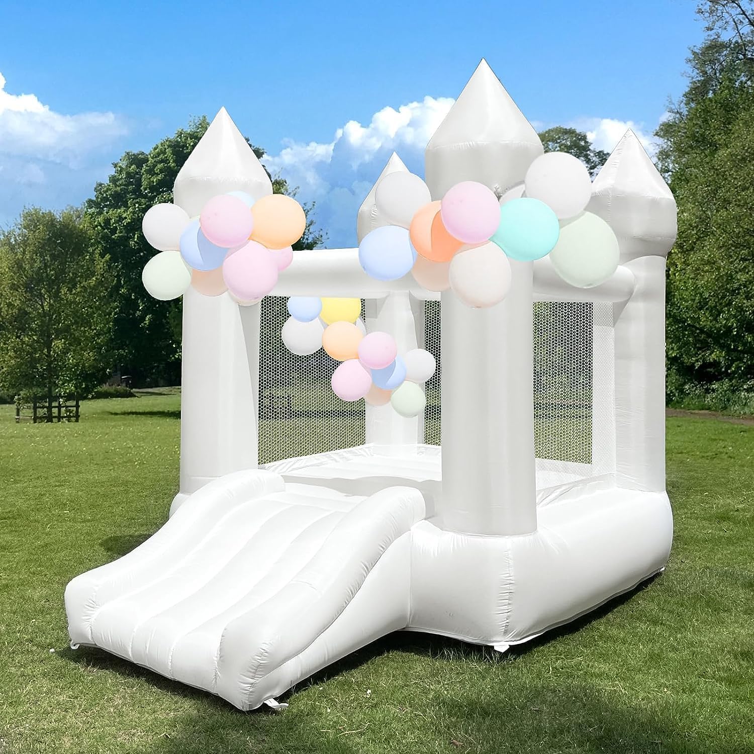 White Bounce House Indoor Outdoor Bouncy Castle for Kids 2-8 Oxford Toddler Bounce House with Slide Balloon & Blower,103 x 71 x 90 inch,Children's Birthday Party Easter Party Gifts