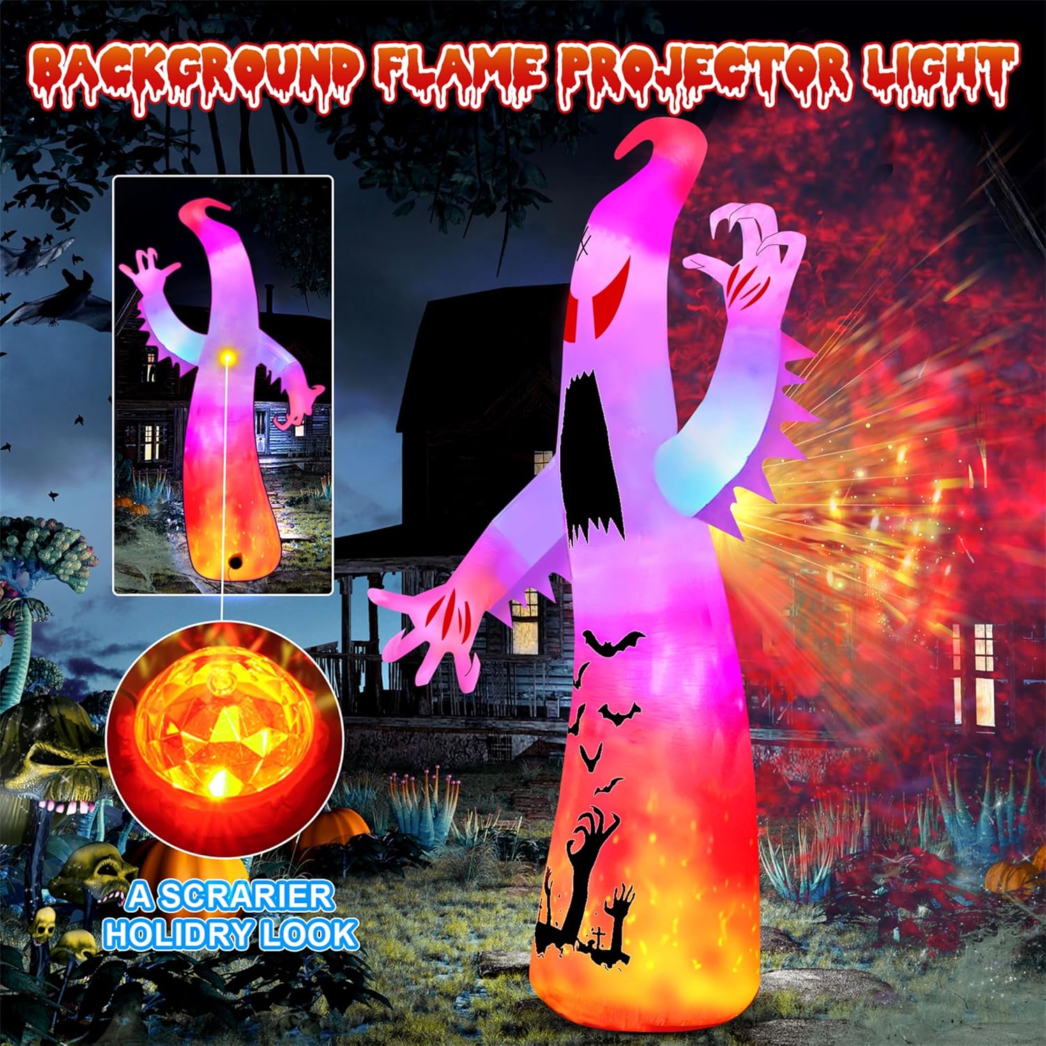 12Ft Halloween Inflatables Giant Ghost Outdoor Decorations Blow Up Decoration with Colorful Flashing, 2 Flame Light for Garden/Home/Holiday/Party/Yard/Lawn