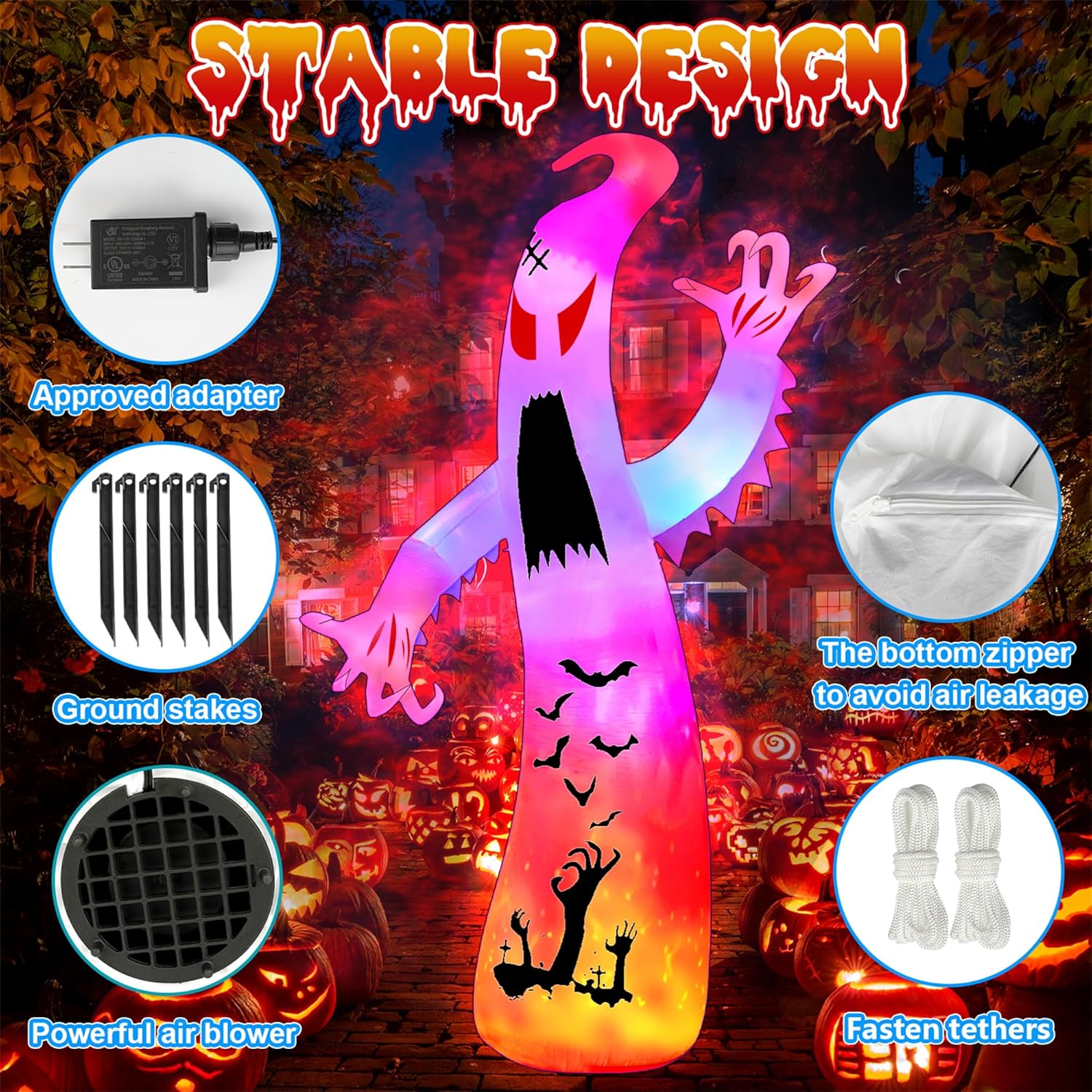 12Ft Halloween Inflatables Giant Ghost Outdoor Decorations Blow Up Decoration with Colorful Flashing, 2 Flame Light for Garden/Home/Holiday/Party/Yard/Lawn